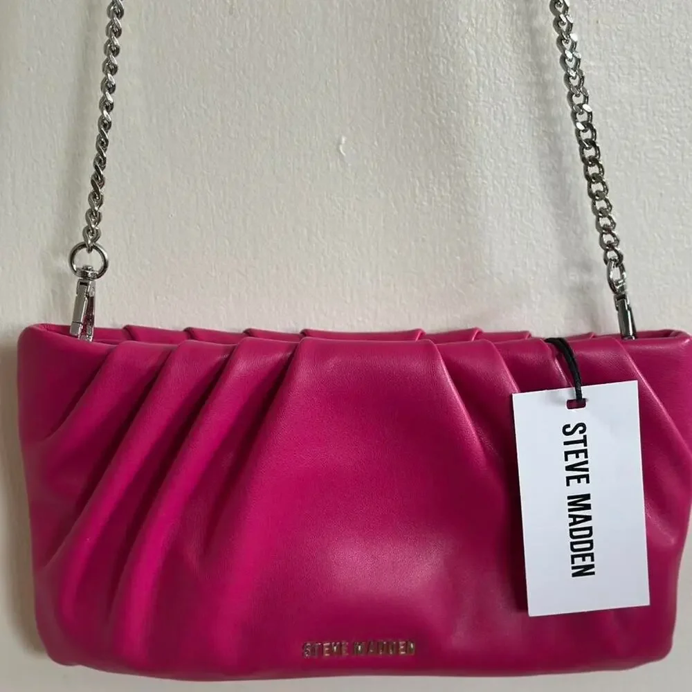 Steve Madden Gathered Fuchsia Clutch with Silver Chain Strap